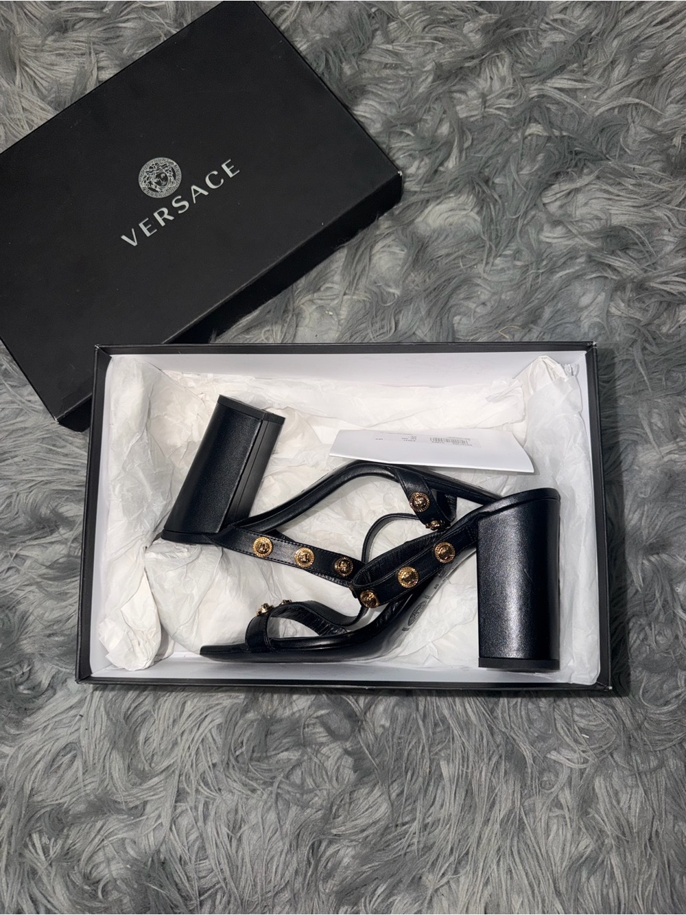 Versace Black Leather Block Heel Sandals with Gold Medallions